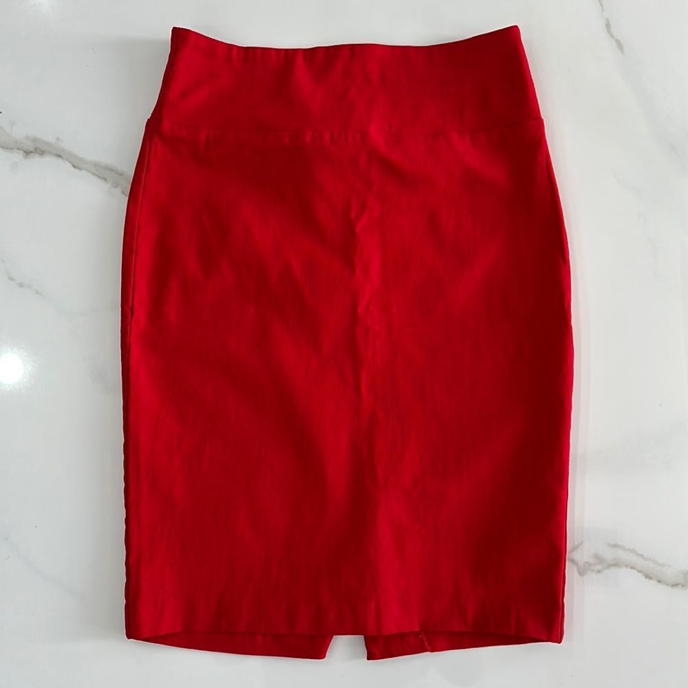 SOLID RED MIDI PENCIL SKIRT BACK SLIT SZ M STRECHY HIGT WAITS